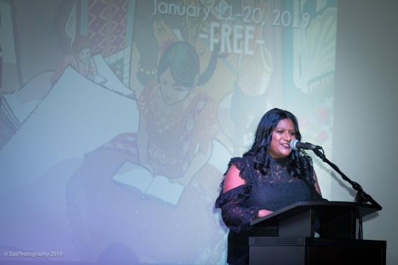 Cynthia Anderson speaking at Tasveer's 2019 Storywallahs event 