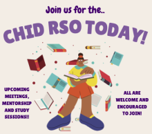 A flyer that says "Join us for the CHID RSO today" with a illustrated figure of a person juggling books